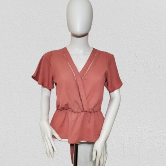 Sienna Sky Dusty Rose Peplum Blouse XS – V-Neck Short Sleeve Top - Picture 2 of 8